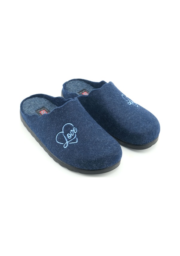 Resim Gezer Kadın Kışlık Nakışlı Kalpli Tasarım Rahat Taban Ev Bahçe Terlik Lacivert 