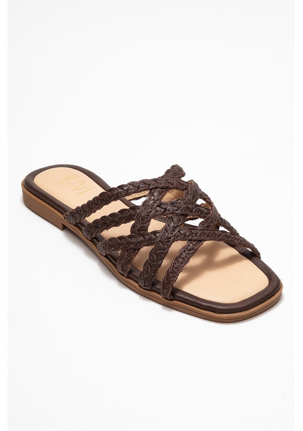 Resim Luvi Shoes Alısha Kahverengi Hakiki Deri Örgü Bantlı Kadın Terlik Kahverengi 