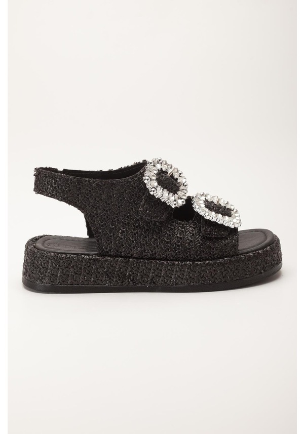 Resim Kadın Dolgu Topuk Sandalet Siyah Çift Bantlı Hasır Malzeme Taşlı Tokalı-4068 Siyah 