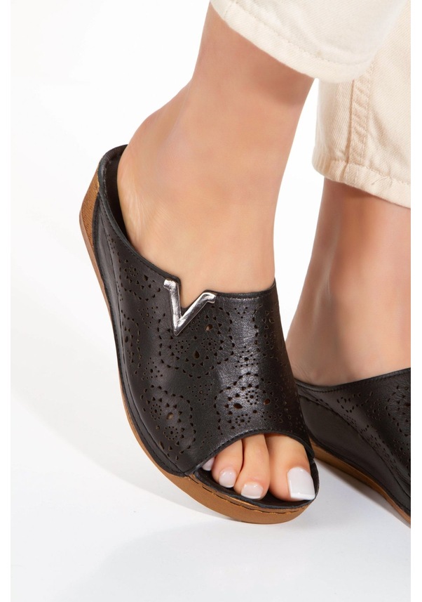 Resim İç Dış Hakiki Deri Ortopedik Taban Topuksuz Kadın Terlik Siyah 