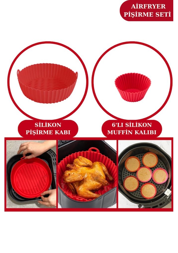 Silicolife Airfryer Silikon Pişirme Kabı ve 6’lı Kek Muffin Kalıbı Set- Hava Fritözleriyle Uyumlu