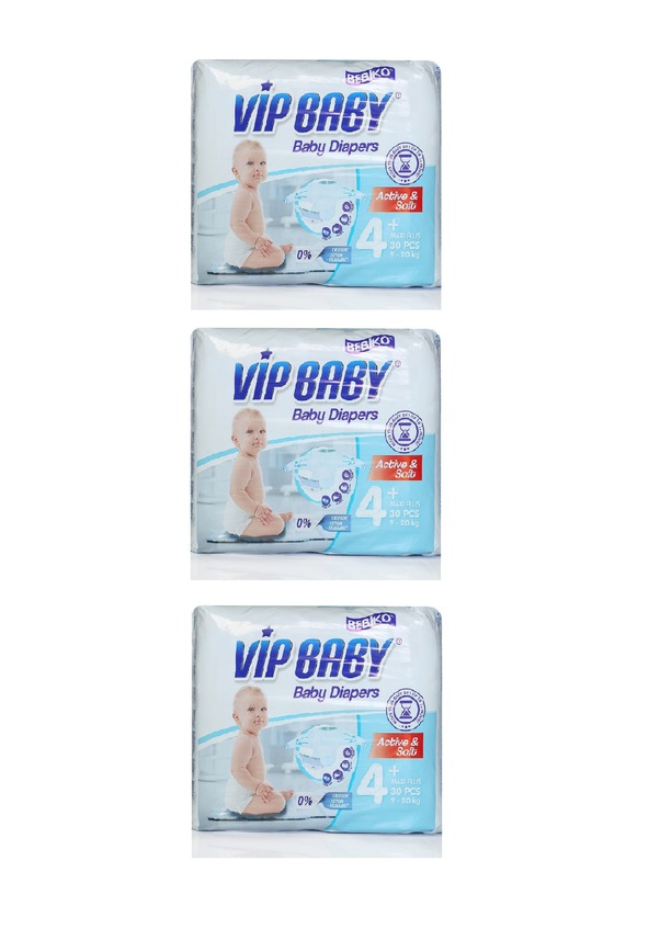 Vip Baby Active&Soft Bebek Bezi 4 Numara Maxi Plus 3 x 30 Adet Vip Baby Active&Soft Bebek Bezi 4 Numara Maxi Plus 3 x 30 Adet