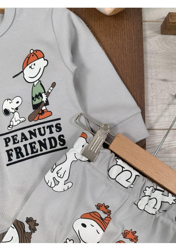 Resim Bisiklet Yaka Peanuts Friends Baskılı Alt Üst Pijama Takımı 4bb2 Gri 