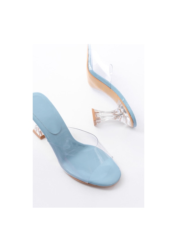 Resim S-619 Bebe Mavi Rugan Şeffaf Bantlı Şeffaf Topuklu Yuvarlak Burunlu Kadın Terlik Renksiz 