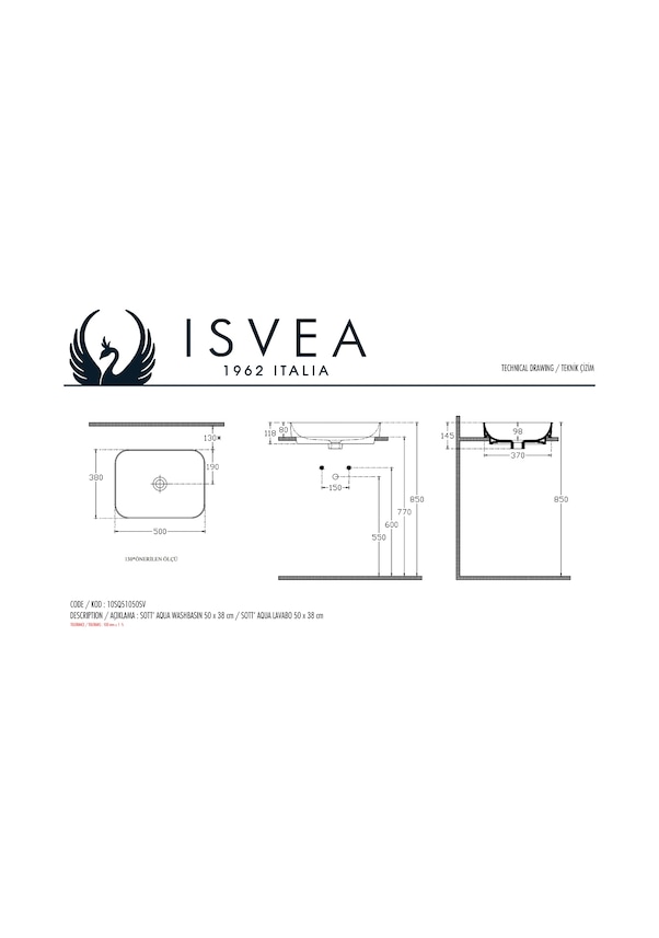 Resim Isvea Sott’Aqua S&S Tezgahüstü Lavabo 50 CM 10Sq51050Sv 