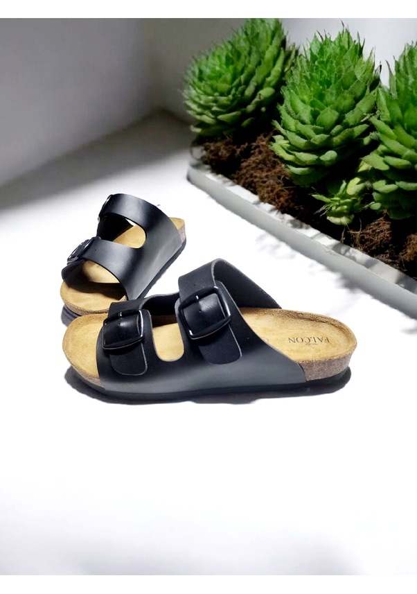 Resim Erkek Çift Toka Ayarlanabilir Falson Mantar Taban Ev Ve Dışarı Terliği Siyah 