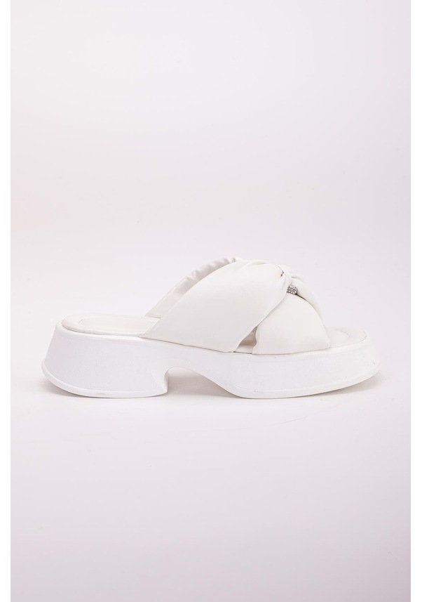 Resim Küçük Taş Detaylı Kalın Taban Çapraz Cilt Beyaz Kadın Dolgu Topuk Terlik-3009-Beyaz 