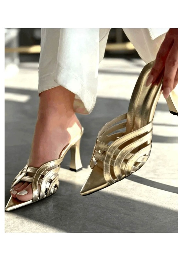 Resim Kırışık Rugan Kafesli Topuklu Terlik Altın 