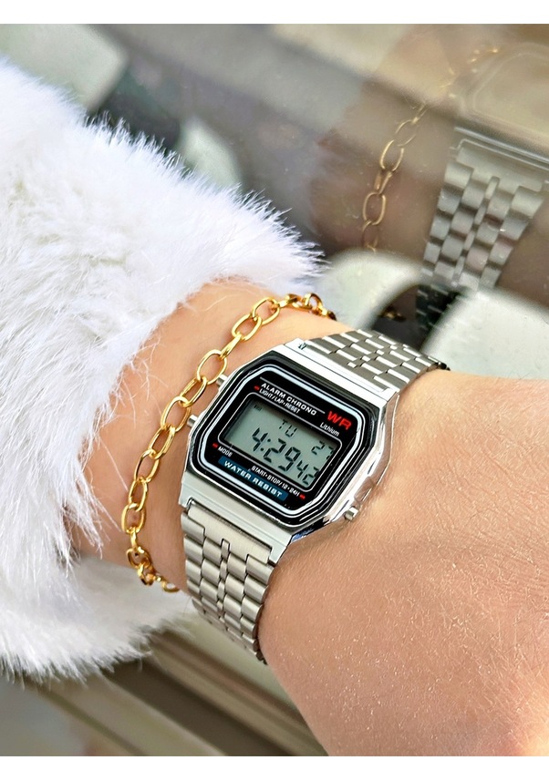 Resim Retro Özel Serisi Metal Kordon Digital Kol Saati-bileklik Hediyeli Gümüş 