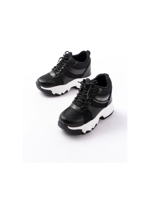 Resim F-209 Siyah Bağcıklı Fileli Taş Aksesuarlı Günlük Spor Ayakkabı Siyah 