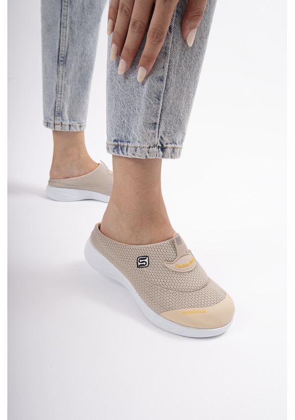 Resim Sandal Spor Kadın Kaymaz Taban Ortopedik File Sabo Terlik Bej 