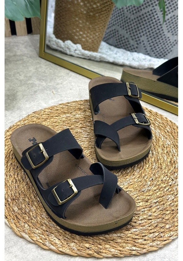 Resim Günlük Kadın Terlik Tek Parmak Arası Rahat Mantar Taban Tokalı Ayarlanabilir Sandalet 147 - 34162 Siyah-siyah 