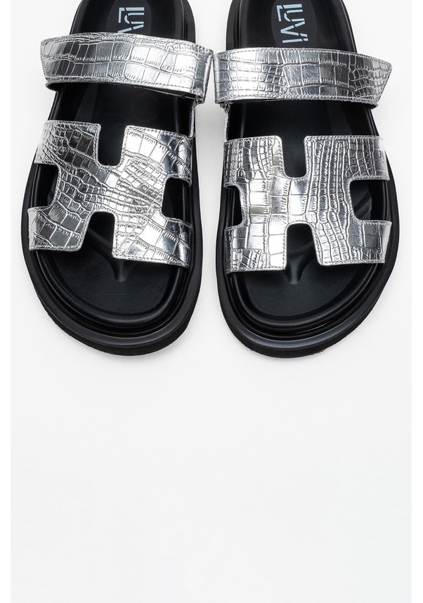 Resim Luvi Shoes Loana Gümüş Baskı Hakiki Deri Kadın Terlik Gümüş 