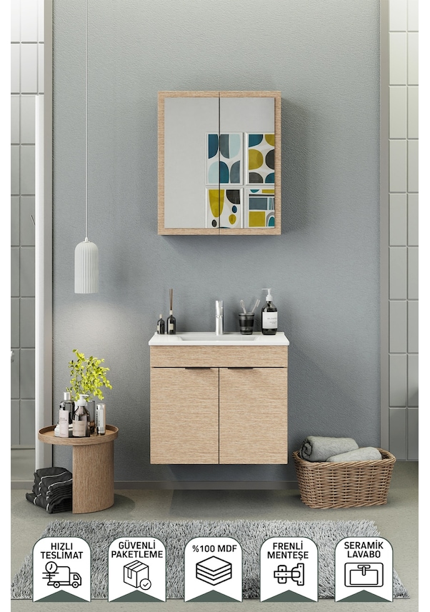 Resim Biani Fix Loft 65 Cm Banyo Dolabı,Seramik Lavabolu, Aynalı,Lavabo Dahil,Mdf,Aybe Bej 