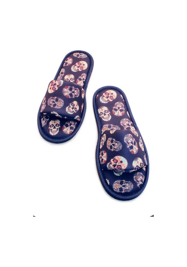 Resim Erkek Lacivert Kurukafa Desenli Önü Açık Ev Terliği Lacivert 