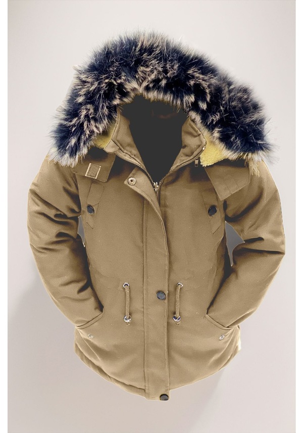 Resim Unisex Kız/erkek Çocuk Kışlık Kanvas Kumaş Büzmeli Diz Üstü Içi Kürk Kapüşonlu Kaban Mont-mnt-0005 Bej 