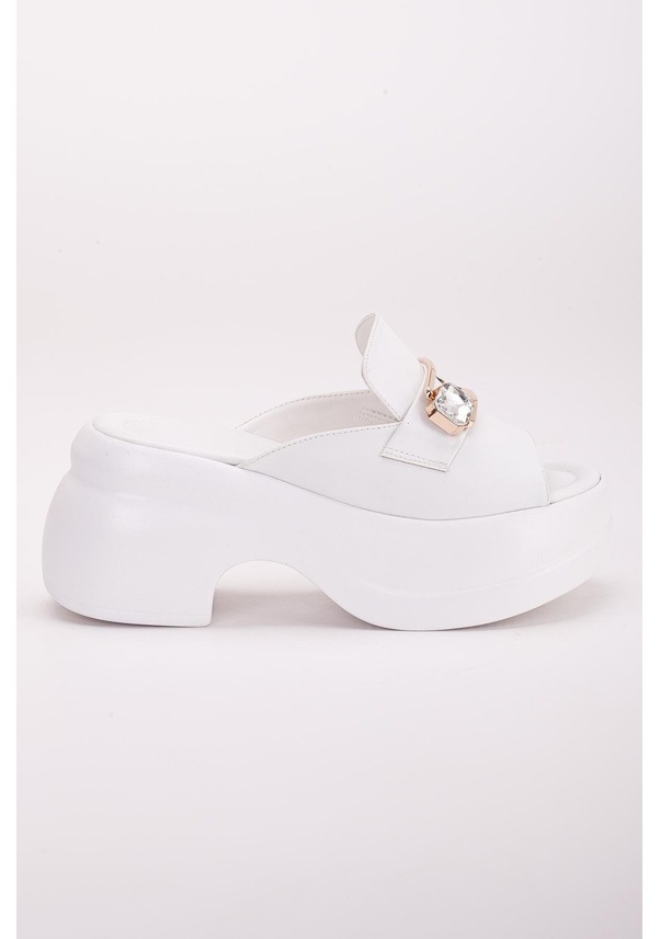 Resim Platform Tabantümyüz Toka Taşlı Cilt Beyaz Kadın Dolgu Topuk Terlik-3063-Beyaz 