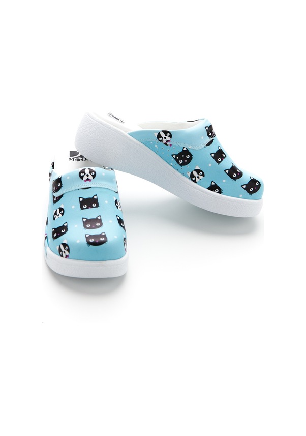 Resim Drmoon Kedi Desenli Dolgu Taban Hakiki Deri Kadın Sabo Terlik Turkuaz 