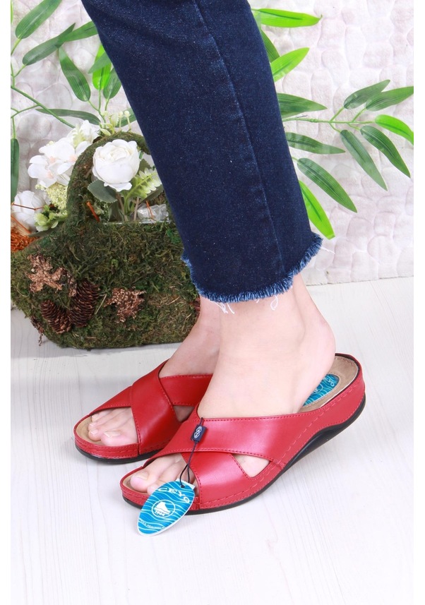 Resim Ceyo 9946-1 Bordo Rahat Topuk Dikeni Destekli Çapraz Bantlı Kadın Terlik Bordo 