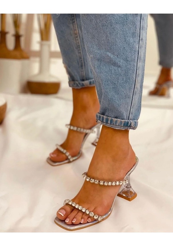 Resim Damla Taş Detay Hasır Şeffaf Topuklu Terlik Hologram Gri 