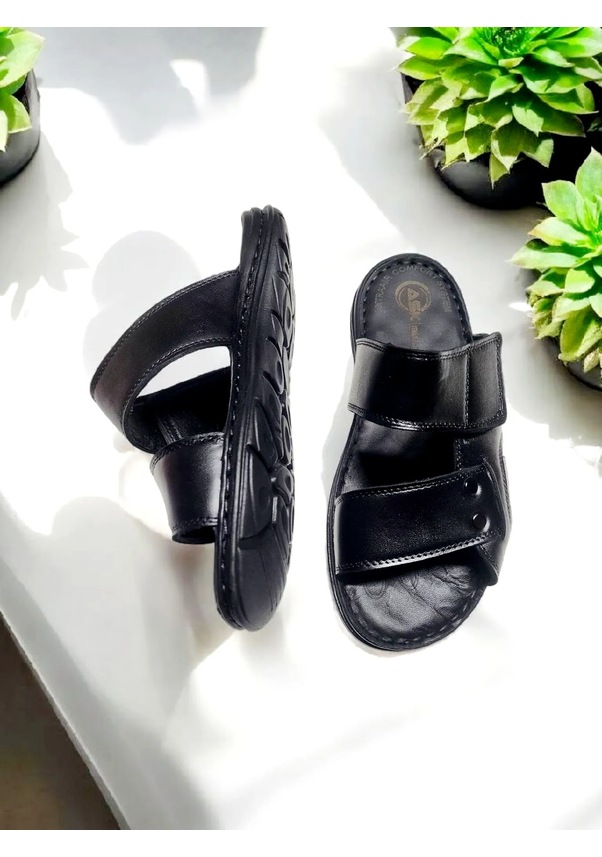 Resim Erkek Gerçek Deri Cırtlı Ayarlanabilir Ev Ve Dışarı Terliği Siyah 