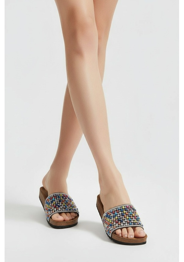 Resim 2232-pien Anatomik Mantar Tabanlı Boncuklu Kadın Terlik Siyah 