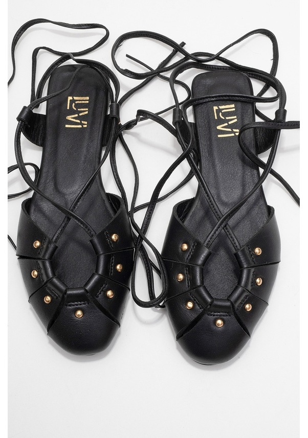 Resim Luvi Shoes Darıa Siyah Hakiki Deri Troklu Bilekten Bağcıklı Kadın Sandalet Siyah 