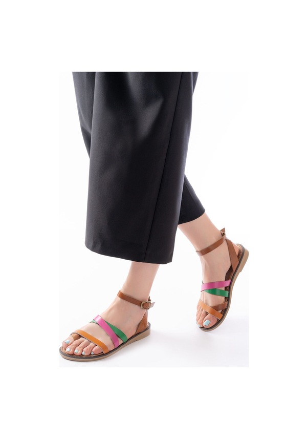 Resim 205-209 Turuncu Multi Hakiki Deri Tokalı Parmak Arası Kadın Sandalet Altın - Taba 