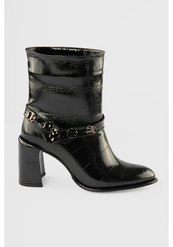 Resim Kadın Deri Bot Krokodil Desenli Platin Detaylı Topuklu Siyah Cordena Siyah 
