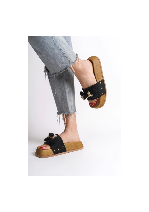 Resim Dıla Kalın Ve Ortopedik Taban Ayıcıklı Saten Kadın Terlik Kt - Siyah Siyah 