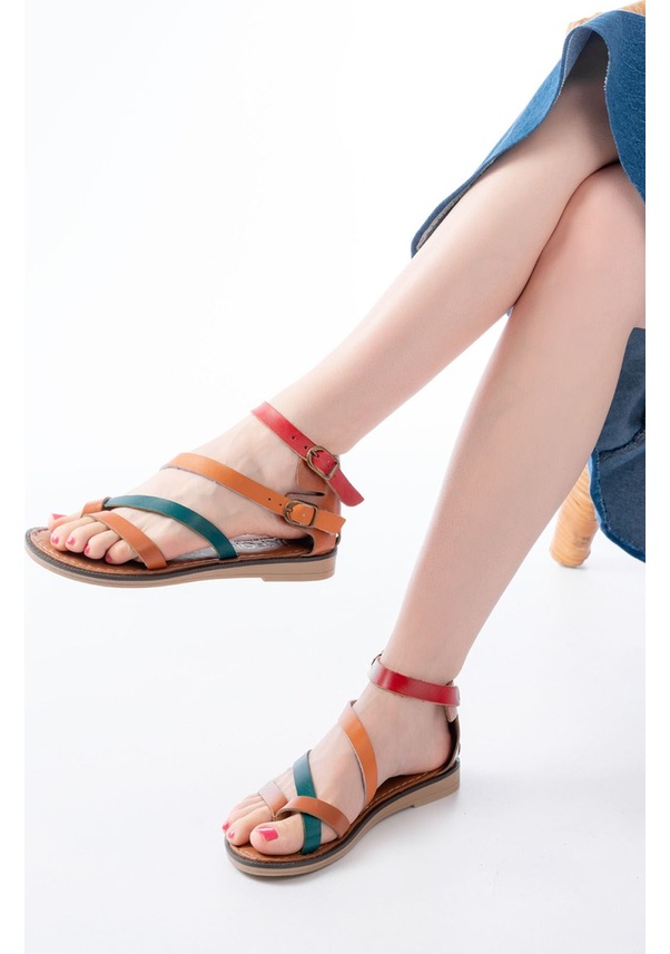 Resim 205-039 Taba Multi Bilekten Bağlamalı Parmak Arası Kadın Sandalet Altın - Taba 