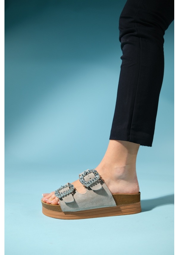 Resim Luvishoes Polacca Bej Süet Taşlı Çift Bantlı Hakiki Deri Kadın Kalın Tabanlı Terlik Bej 