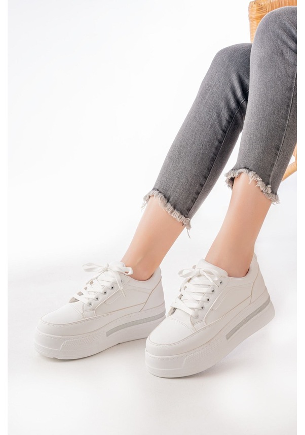 Resim Aska Shoes Fln-1999 Bağcıklı Taban Taş Aksesuarlı Günlük Spor Ayakkabı Beyaz 