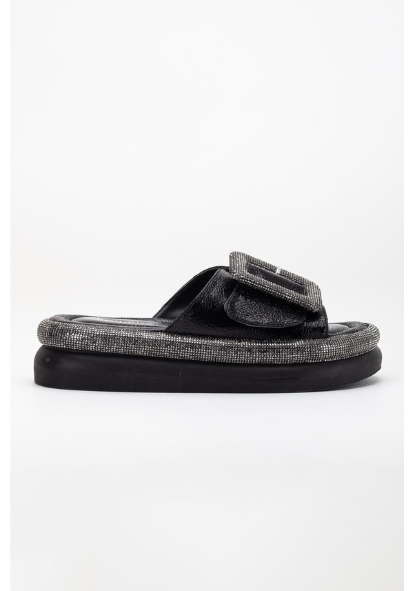 Resim Kadın Taşlı Dolgu Topuk Terlik Siyah Taban Taş Detaylı-3754 Siyah 