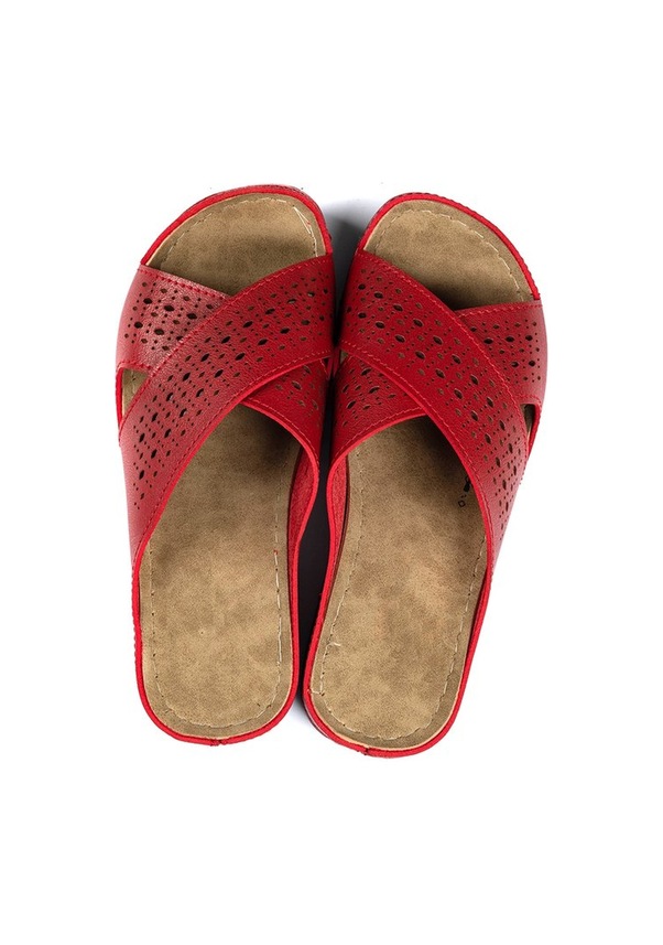 Resim Kadın Ortopedik Yumuşak Tabanlı Terletmeyen Çift Bantlı Hasır Tipi Delikli Rahat Anne Ev İçi Terliği Kırmızı 