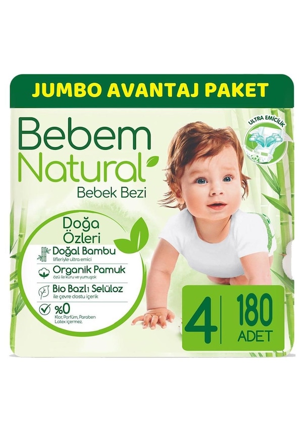 Bebem Natural Bebek Bezi 4 Numara Maxi Jumbo Avantaj Paketi 180 Adet