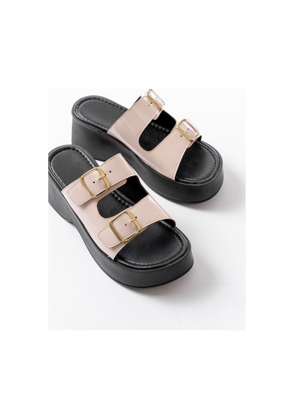 Resim 24414-574 Bej Rugan Tokalı Dolgu Topuk Kadın Terlik Beyaz 