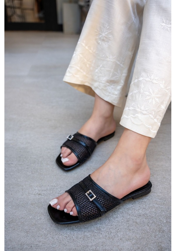 Resim Kija Fileli Toka Detaylı Taş İşlemeli Kadın Terlik Fuşya 