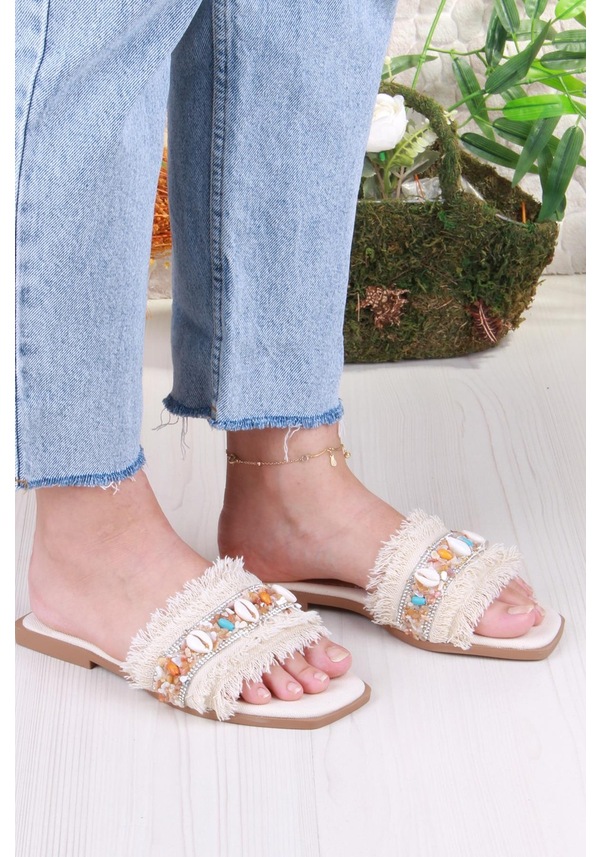 Resim Fort 3572 Keten Bonçuk Taş Detaylı Tatil Terliği Günlük Terlik Kadın Terlik Bej 