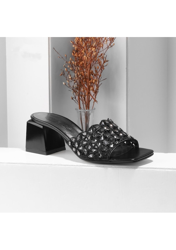 Resim Kadın Siyah Taş Detaylı Topuklu Terlik Siyah 