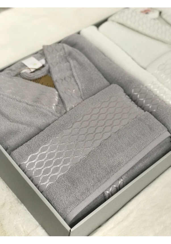 Resim Özdilek Elissa Aile Bornoz Seti - Gri Beyaz Beyaz 