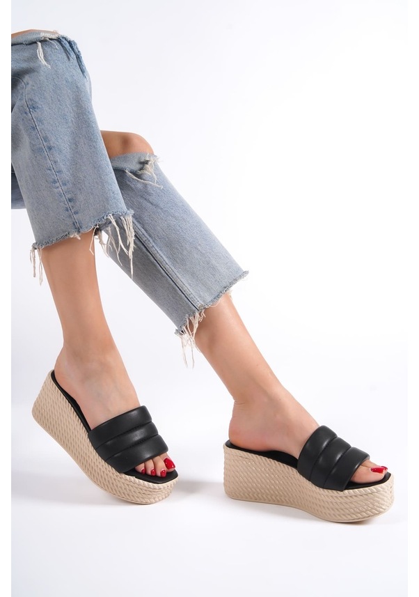 Resim Reına Dolgu Topuklu Ortopedik Taban Hasır Görünümlü Kadın Terlik Ckt - Siyah Siyah 