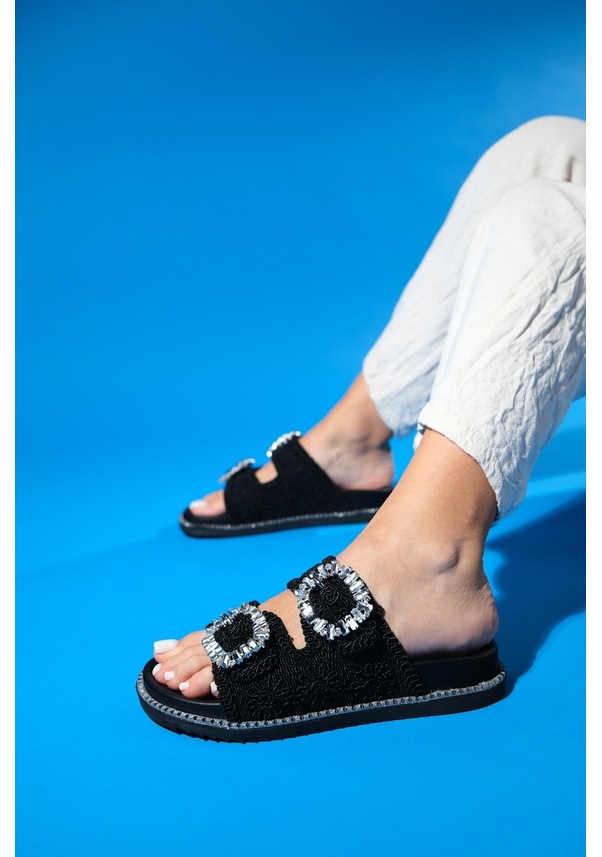 Resim Luvishoes Dungeon Siyah Örme Çift Bantlı Taş Tokalı Kadın Terlik Siyah 