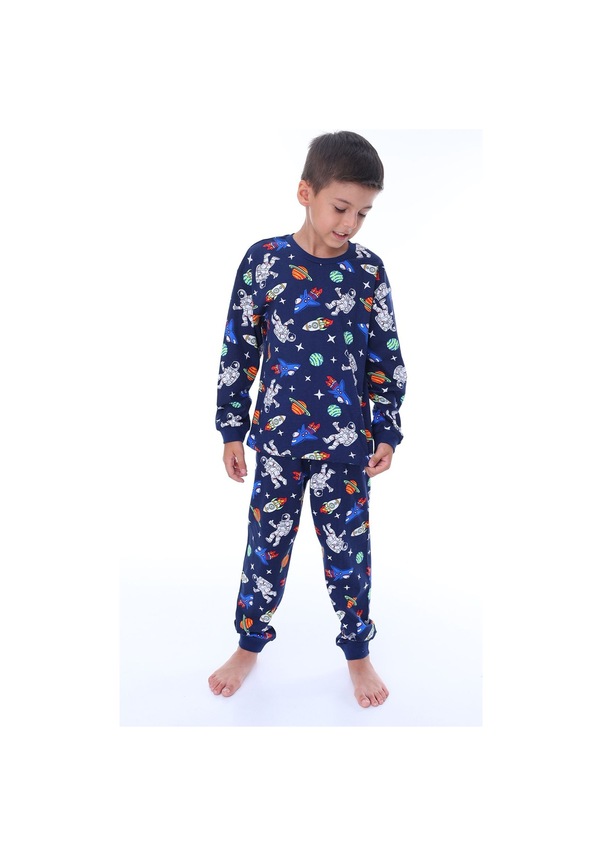 Resim Zuzunga Astronot Temalı Pamuk Unisex Çocuk Pijama Takımı Lacivert1 Lacivert 