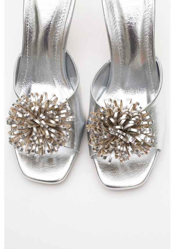 Resim Luvi Shoes Shana Gümüş Çiçekli Kadın İnce Topuklu Terlik Gümüş 