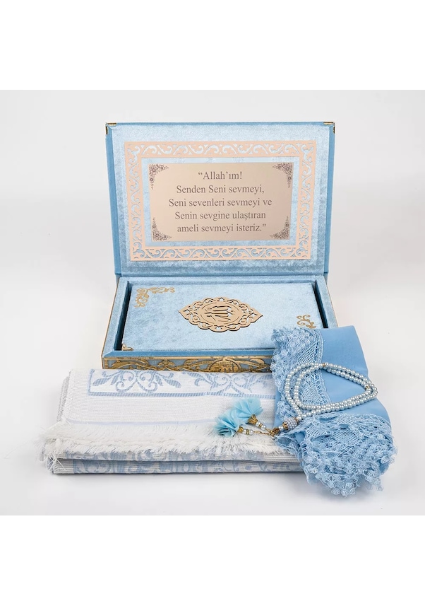 Resim Şal + Seccade + Tesbih + Kuran Hediye Seti Orta B. Şems Lafzatullah Gold Pleksi Raşel Kutu, B.mavi 