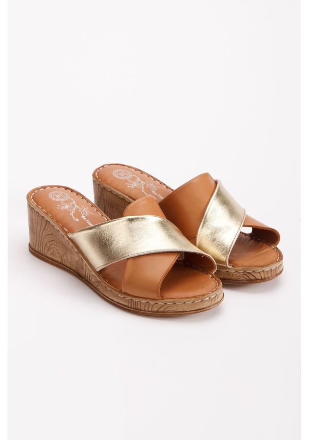 Resim İç Dış Hakiki Deri Dolgu Taban Çapraz Bantlı Kadın Terlik Taba 