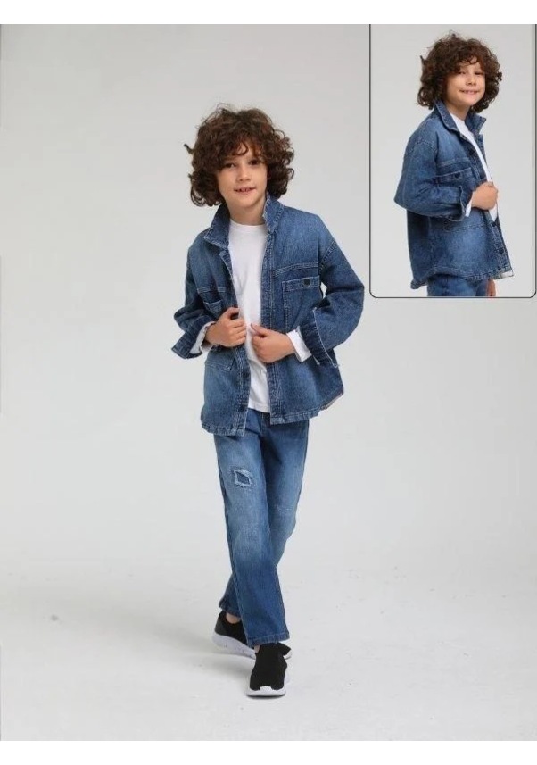 Resim Çocuk Kalın Çıt Çıt Düğmeli Cep Detaylı Kot Ceket-14161 Mavi 