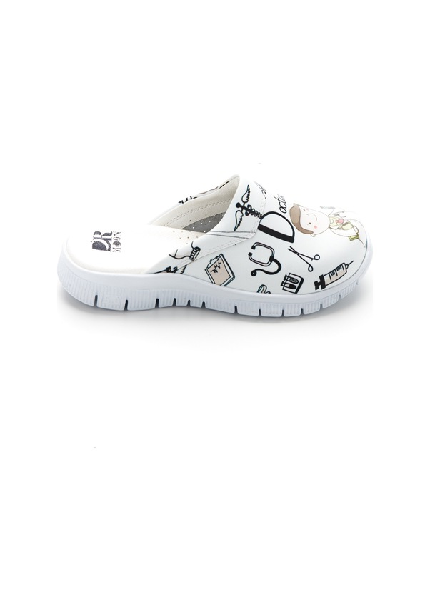 Resim Drmoon Doktor Desenli Comfortflex Taban Hakiki Deri Kadın Sabo Terlik Beyaz 