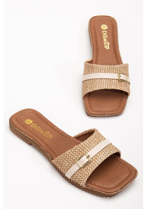 Resim Kadın Düz Topuk Terlik Bej Hasır Kalın Tek Bant-3901 Bej 